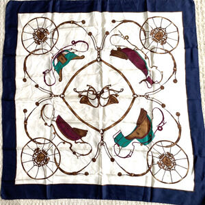 Silky 34" square scarf elegant carriage buggy hunting horn motif navy gold cream